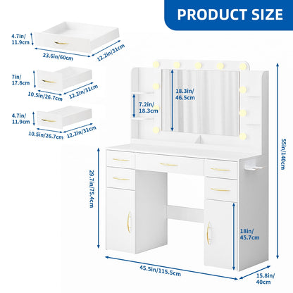 Make up Vanity Desk with Mirror, Vanity with Adjustable Lights and Power Outlet, Vanity Table with 5 Drawers 2 Cabinets and Shelves