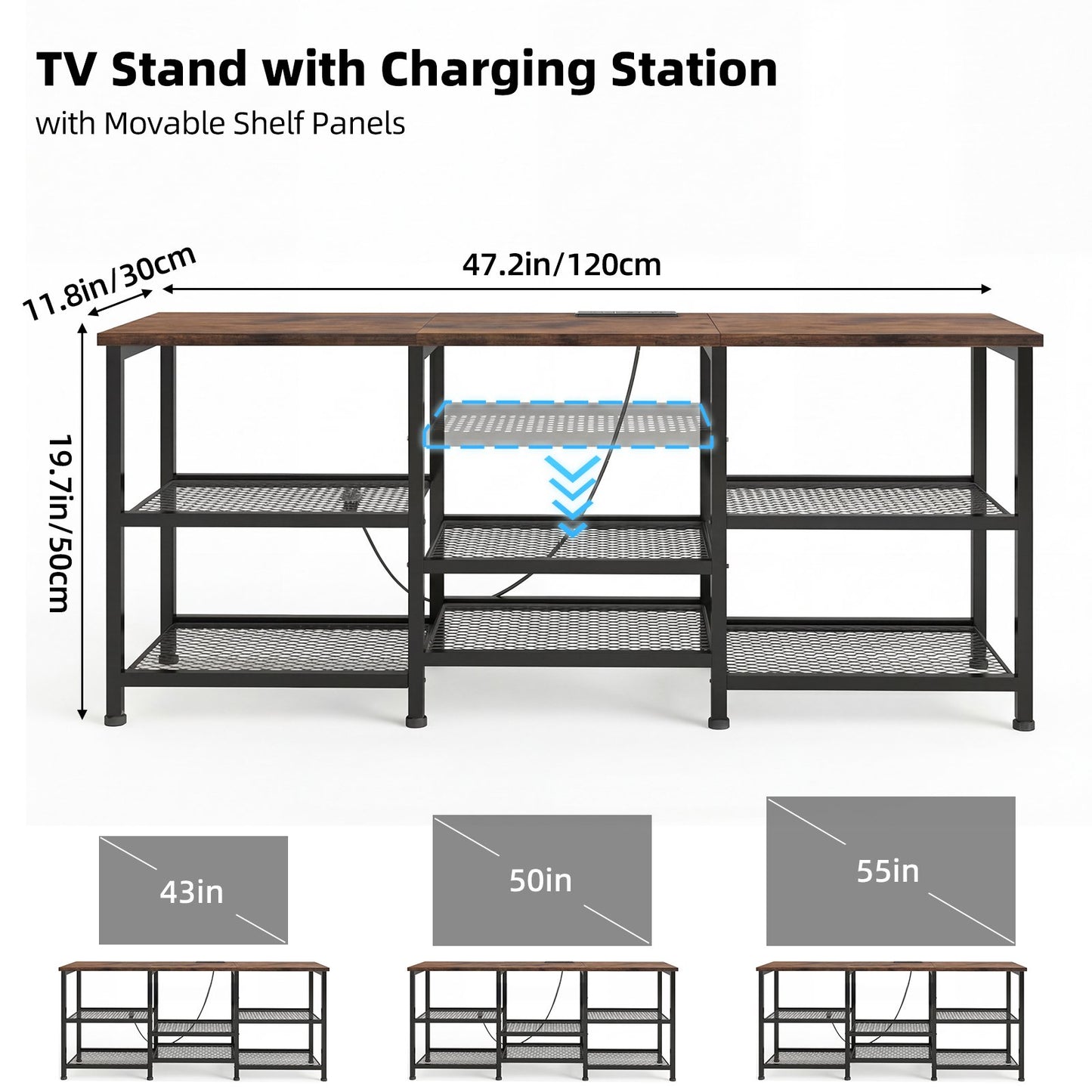 Tomnk TV Stand for TVs up to 55 Inch, Entertainment Center with Open Storage Shelves, Media Console Table with Soundbar Shelf for Living Room, Bedroom, Rustic Brown
