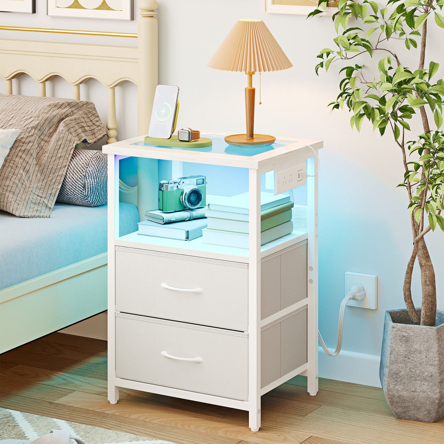 TOMNK Nightstand with LED Lights & Charging Station, Side Table with Tempered Glass Top, USB Ports & Outlets, Fabric Drawers for Bedroom/Living Room, White