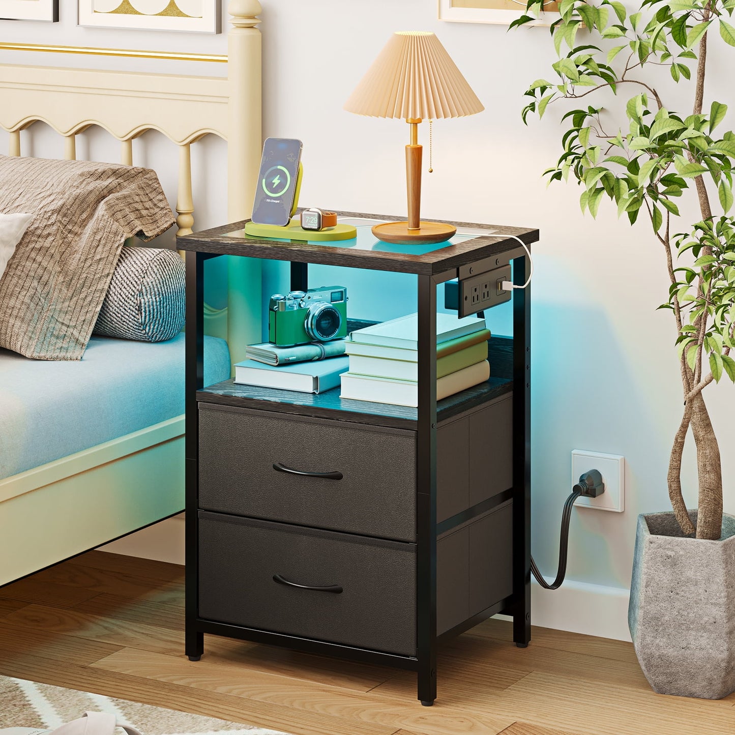 TOMNK Nightstand with LED Lights & Charging Station, Side Table with Tempered Glass Top, USB Ports & Outlets, Fabric Drawers for Bedroom/Living Room, Black