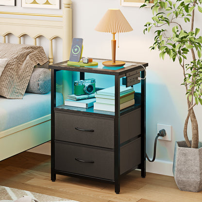 TOMNK Nightstand with LED Lights & Charging Station, Side Table with Tempered Glass Top, USB Ports & Outlets, Fabric Drawers for Bedroom/Living Room, Black