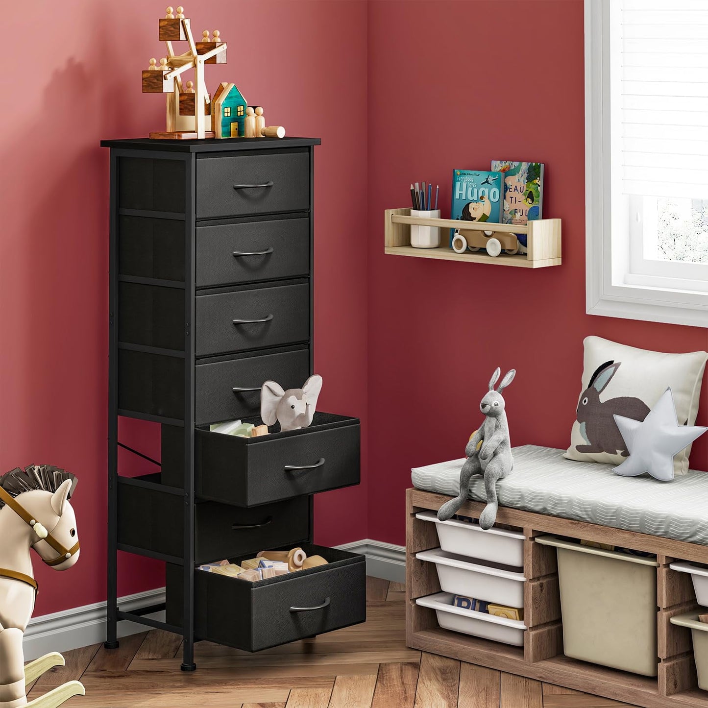 Tomnk woo Tall Dresser with 7 Fabric Drawers, Storage Organizer for Bedroom, Closet, Entryway, Hallway, Black