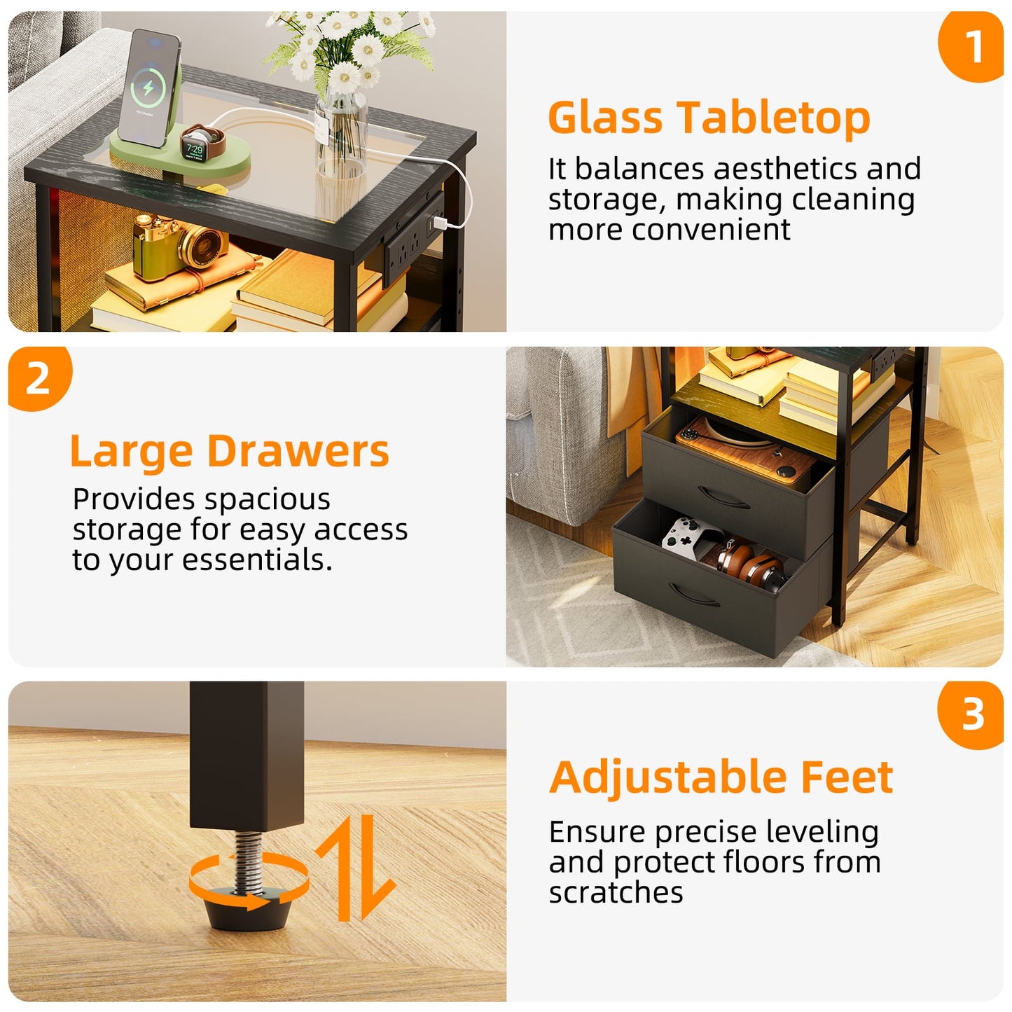 TOMNK Nightstand with LED Lights & Charging Station, Side Table with Tempered Glass Top, USB Ports & Outlets, Fabric Drawers for Bedroom/Living Room, Black