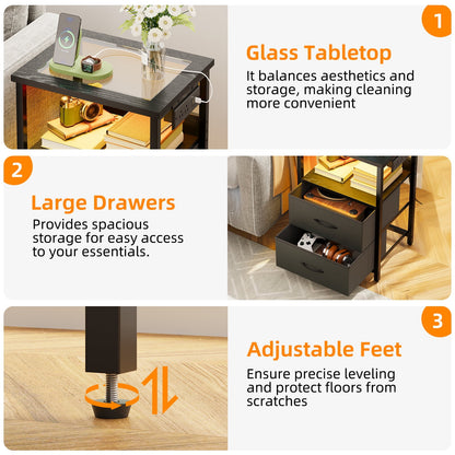 TOMNK Nightstand with LED Lights & Charging Station, Side Table with Tempered Glass Top, USB Ports & Outlets, Fabric Drawers for Bedroom/Living Room, Black