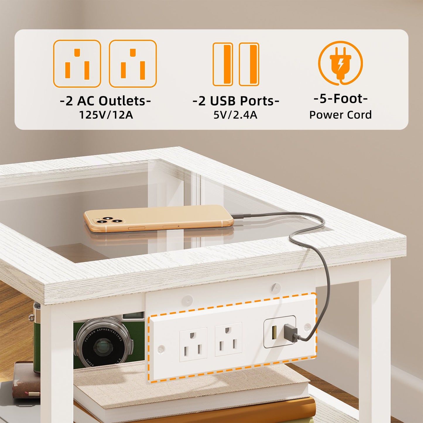 TOMNK Nightstand with LED Lights & Charging Station, Side Table with Tempered Glass Top, USB Ports & Outlets, Fabric Drawers for Bedroom/Living Room, White