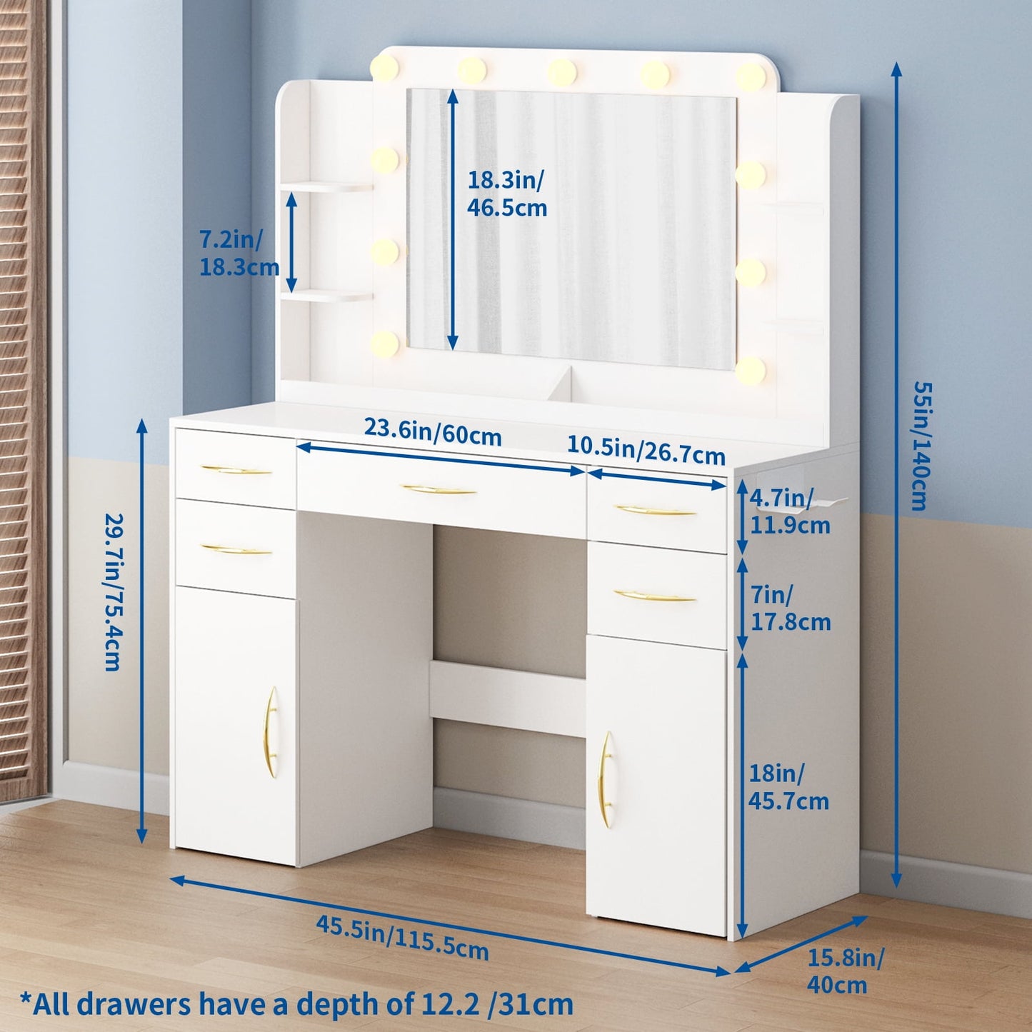 Make up Vanity Desk with Mirror, Vanity with Adjustable Lights and Power Outlet, Vanity Table with 5 Drawers 2 Cabinets and Shelves