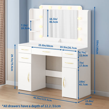 Make up Vanity Desk with Mirror, Vanity with Adjustable Lights and Power Outlet, Vanity Table with 5 Drawers 2 Cabinets and Shelves