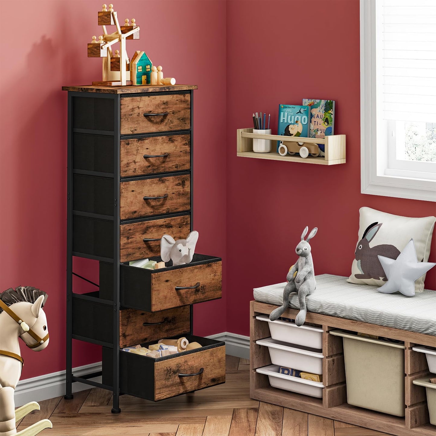 Tomnk woo Tall Dresser with 7 Fabric Drawers, Rustic Brown Storage Organizer for Bedroom, Closet, Hallway