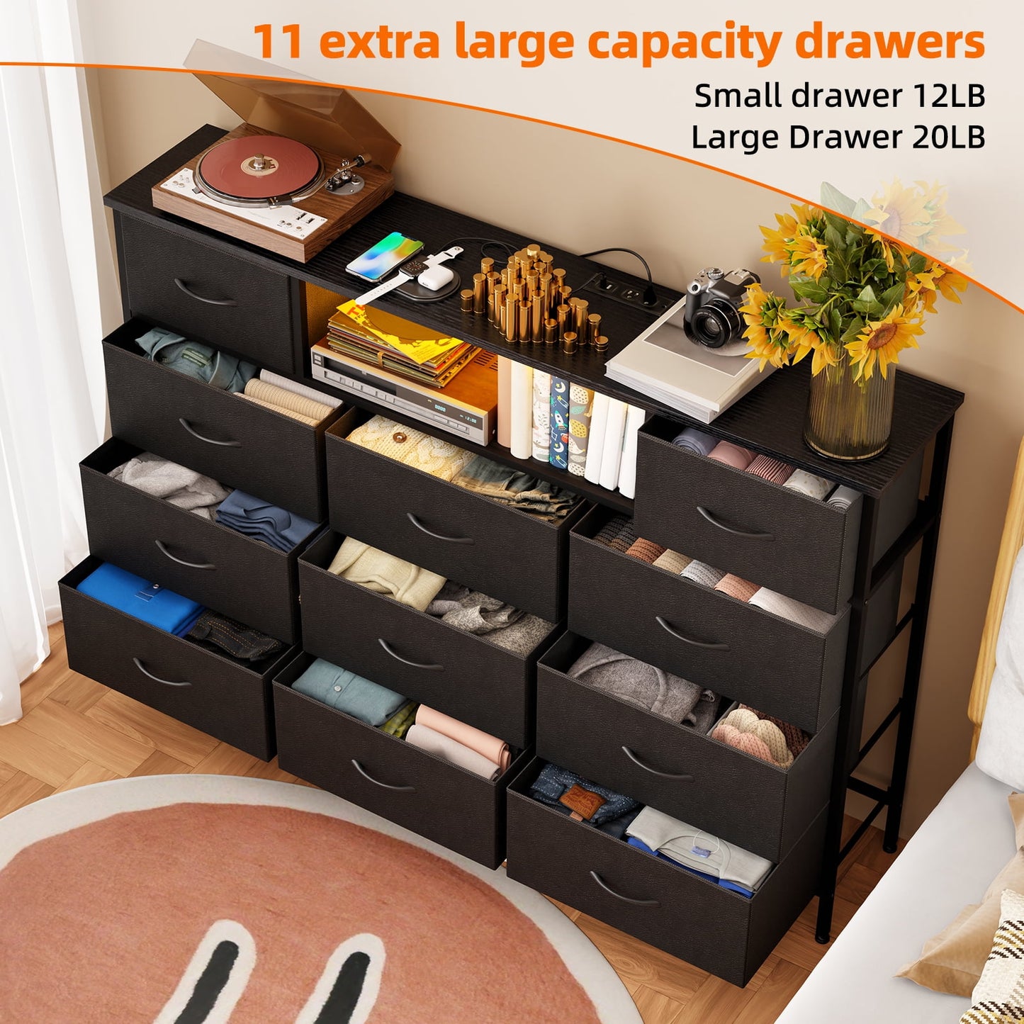 TOMNK White Dresser TV Stand for 59 inch TV, Entertainment Center with LED Lights & Charging Station, Chest of Drawers with 11 Fabric Drawers and Open Shelves for Living Room, Hallway, Wood Top