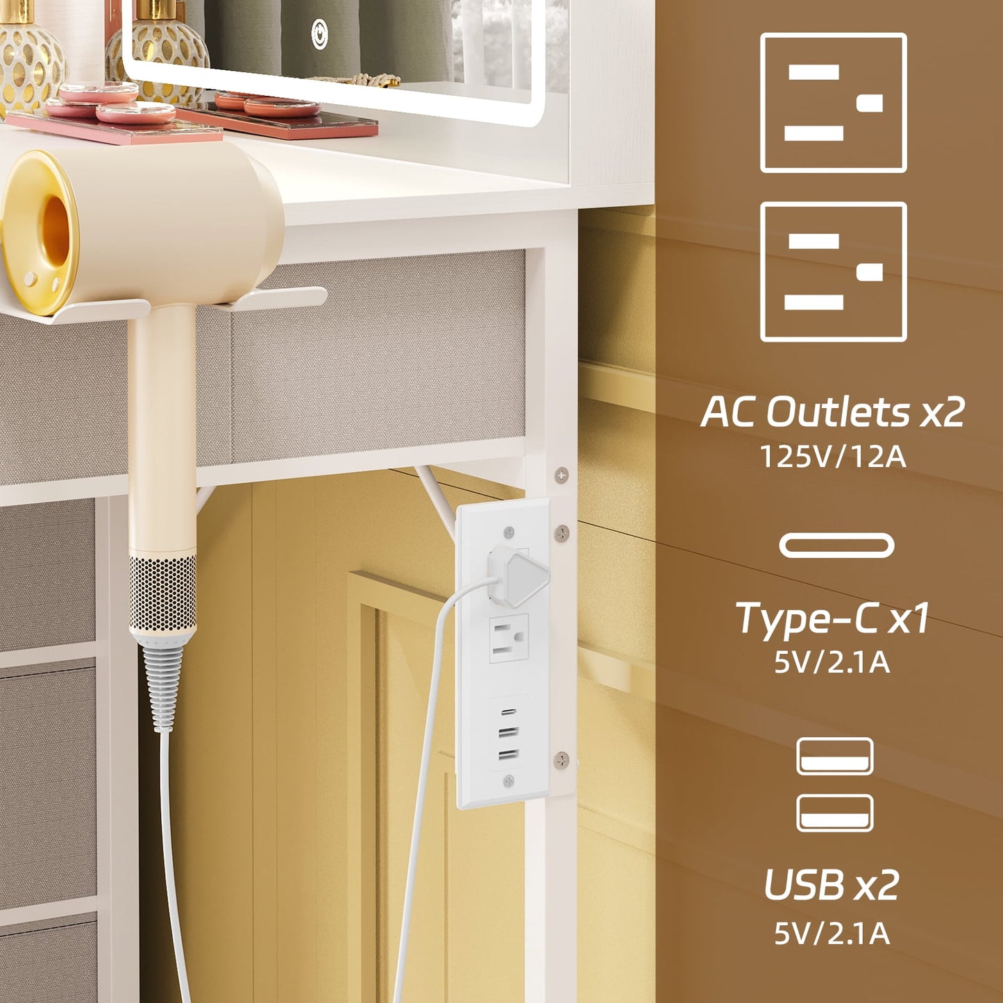 TOMNK Vanity Desk with Mirror Lights, 5 Drawers, Stool, Charging Station, Hooks & Hair Dryer Holder, White