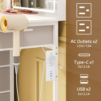 TOMNK Vanity Desk with Mirror Lights, 5 Drawers, Stool, Charging Station, Hooks & Hair Dryer Holder, White