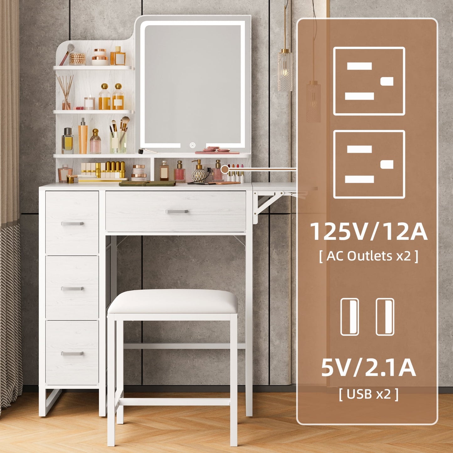 Tomnk woo Makeup Vanity Desk with LED Mirror, Lights, 4 Drawers, USB Ports & Stool, White