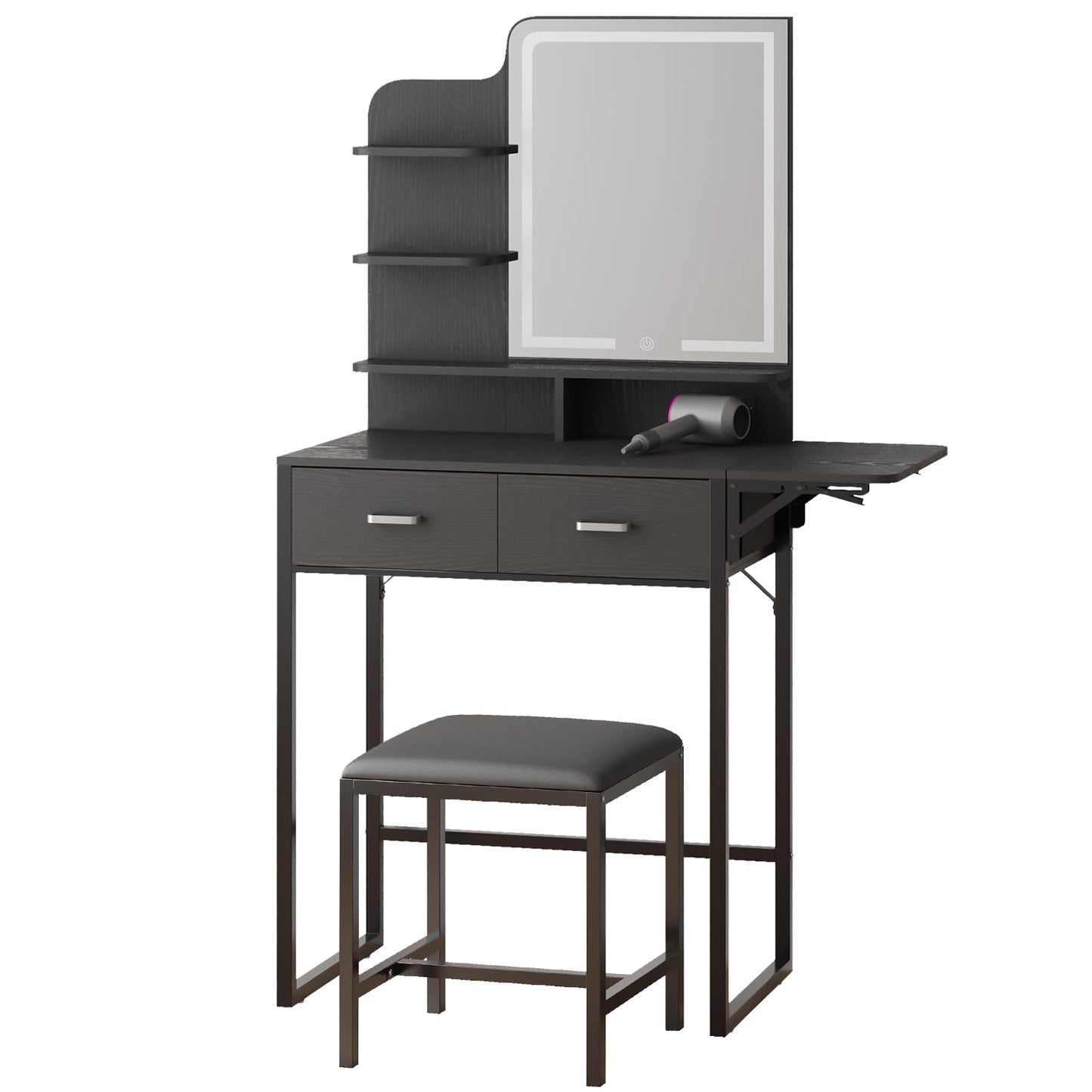 Tomnk woo Black Vanity Desk with Mirror, LED Lights, Storage Shelves, Drawers & Chair