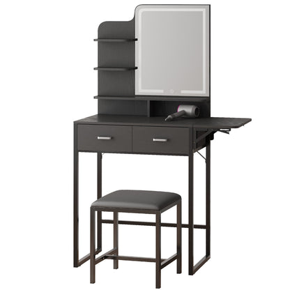 Tomnk woo Black Vanity Desk with Mirror, LED Lights, Storage Shelves, Drawers & Chair
