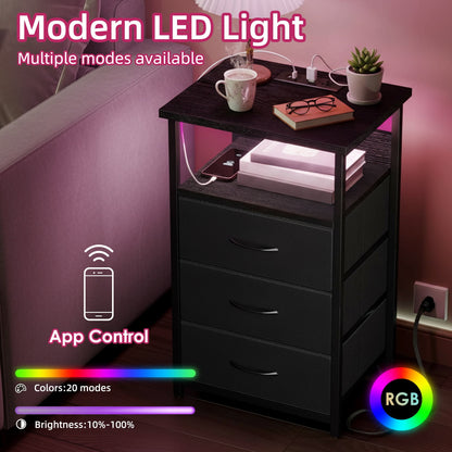 Fairy Night Stands Set of 2 with Charging Station, Bed Side Table, LED Nightstand with 3 Fabric Drawers, Black