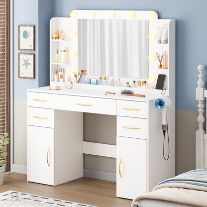 Make up Vanity Desk with Mirror, Vanity with Adjustable Lights and Power Outlet, Vanity Table with 5 Drawers 2 Cabinets and Shelves