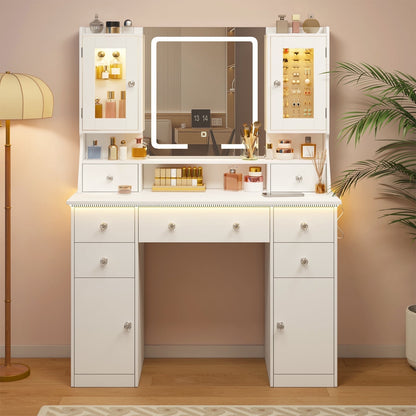 Tomnk woo 42" Vanity Desk with LED Mirror, RGB Lights, 7 Drawers, 2 Cabinets, Adjustable Brightness, White