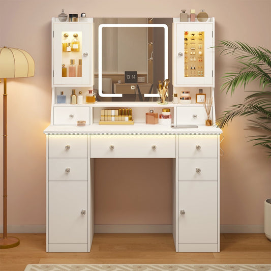 Tomnk woo 42" Vanity Desk with LED Mirror, RGB Lights, 7 Drawers, 2 Cabinets, Adjustable Brightness, White