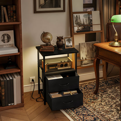 Fairy Night Stands Set of 2 with Charging Station, Bed Side Table, LED Nightstand with 2 Fabric Drawers, Black