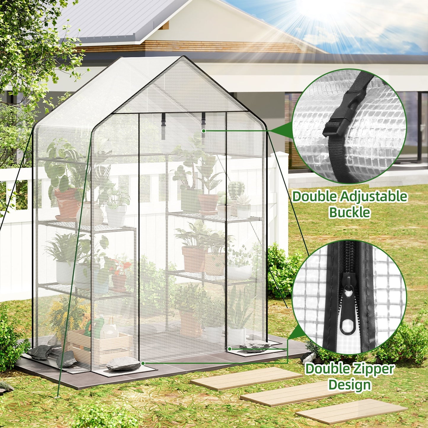 TOMNK Greenhouse, 57 x 28 x 76'' Greenhouses for Outdoors, Portable Greenhouse Kit with Mesh Side Windows, PE Cover, 4 Shelves, Heavy Duty Walk in White House for Backyard Garden Indoor Outside