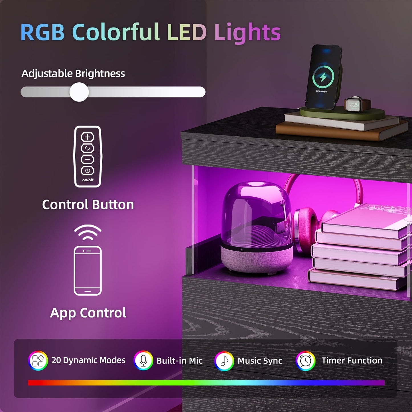 TOOMNK Black Nightstand with Charging Station, Bedside Table for Bedroom, LED Nightstand, Modern Night Stand with Drawers, Black