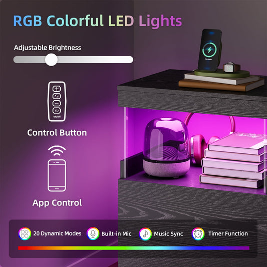 TOOMNK Black Nightstand with Charging Station, Bedside Table for Bedroom, LED Nightstand, Modern Night Stand with Drawers, Black