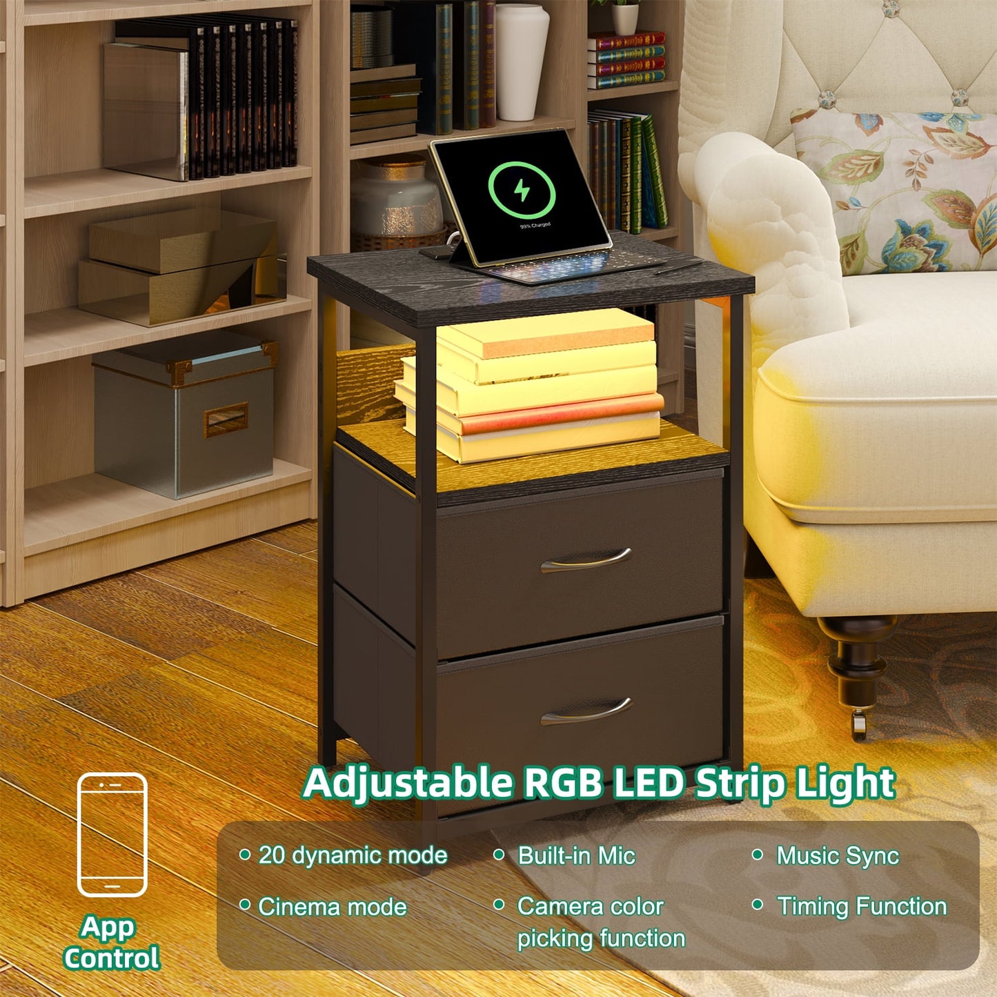 Tomnk Woo Night Stand Set of 2, Nightstand with Charging Station, End Table, Bed Side Table, Black