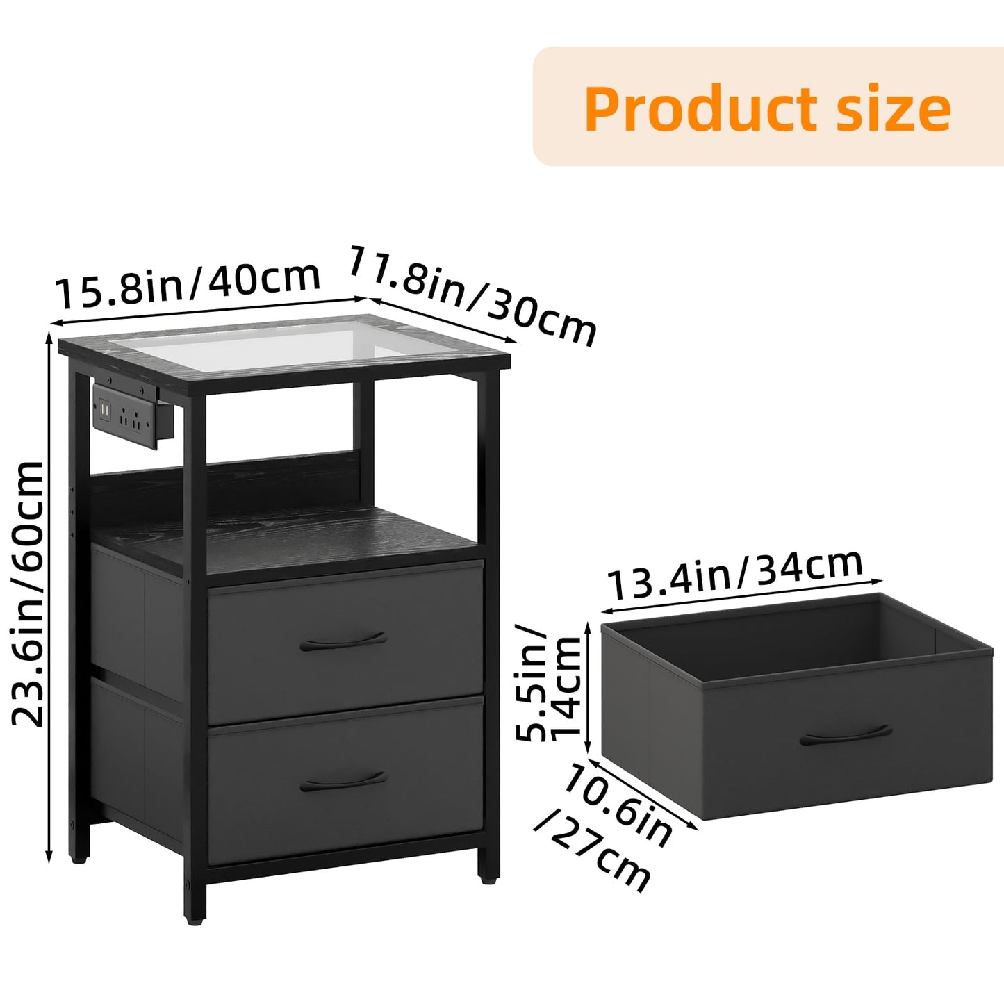 TOMNK Nightstand with LED Lights & Charging Station, Side Table with Tempered Glass Top, USB Ports & Outlets, Fabric Drawers for Bedroom/Living Room, Black