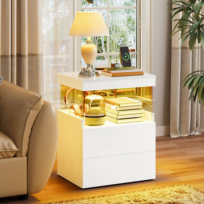 TOOMNK White Nightstand with Charging Station, Bedside Table for Bedroom, LED Nightstand, Modern Night Stand with Drawers, White