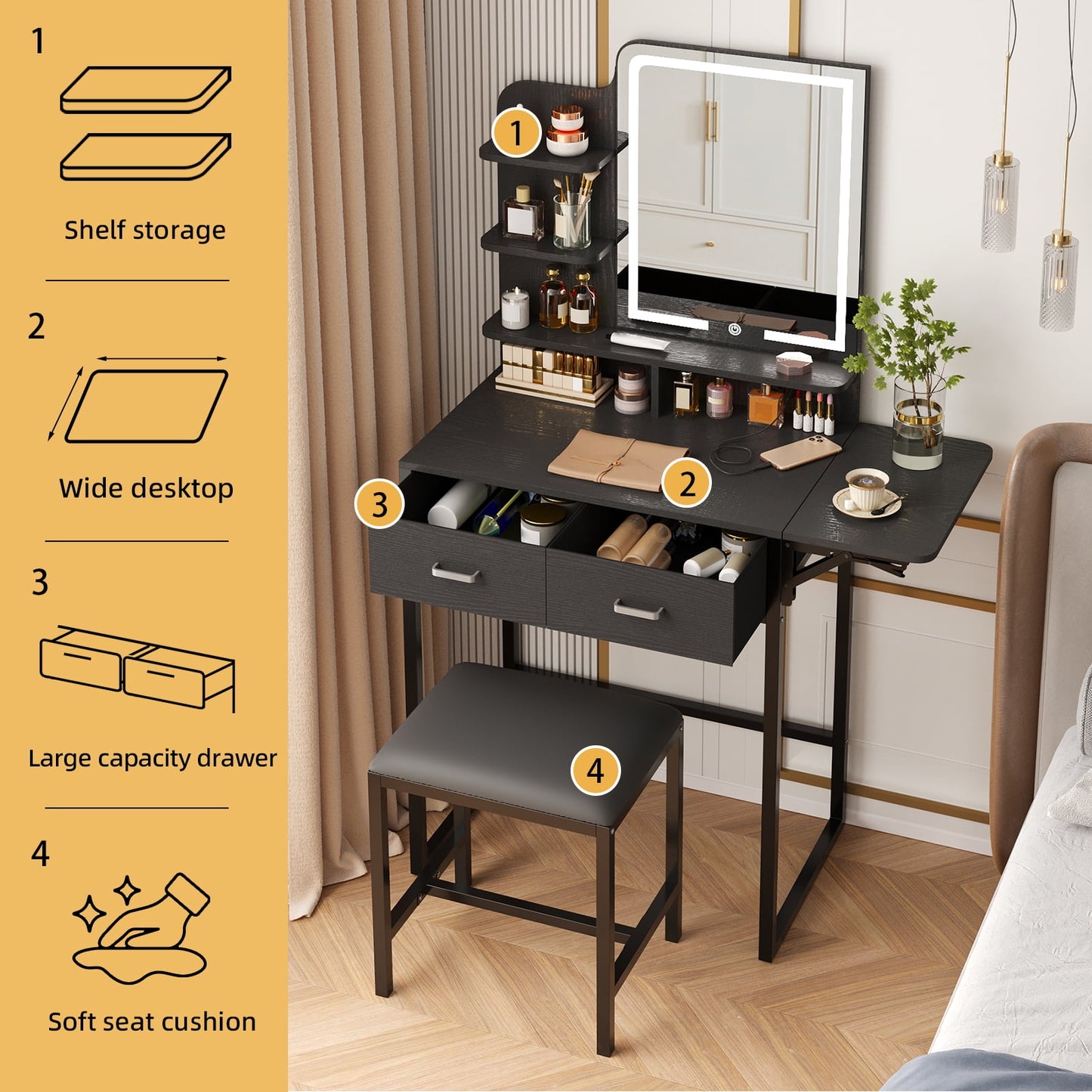 Tomnk woo Black Vanity Desk with Mirror, LED Lights, Storage Shelves, Drawers & Chair