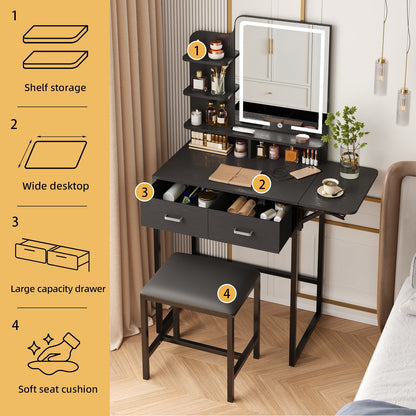 Tomnk woo Black Vanity Desk with Mirror, LED Lights, Storage Shelves, Drawers & Chair