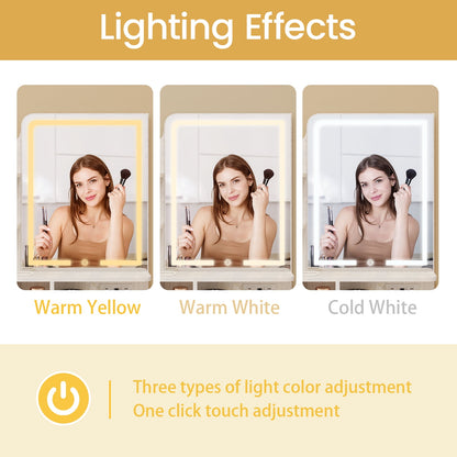 Fairy White Makeup Vanity Desk with Mirror, Lights, Power Outlet, Chair & Storage Drawer