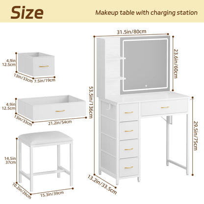 TOMNK Vanity Desk with Mirror Lights, 5 Drawers, Stool, Charging Station, Hooks & Hair Dryer Holder, White