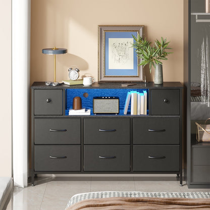 Fairy Dresser, Black 55" TV Stand with 8 Drawers, LED & Power Outlets for Bedroom, Living Room, Entryway