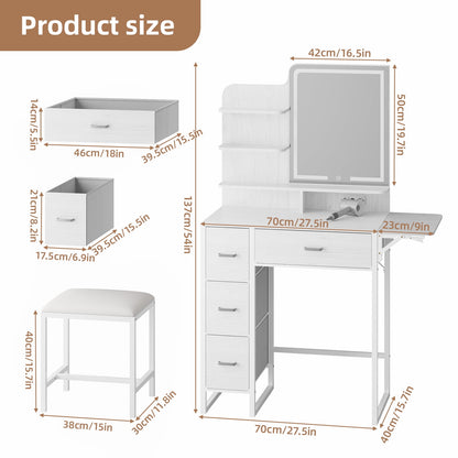 Tomnk woo Makeup Vanity Desk with LED Mirror, Lights, 4 Drawers, USB Ports & Stool, White