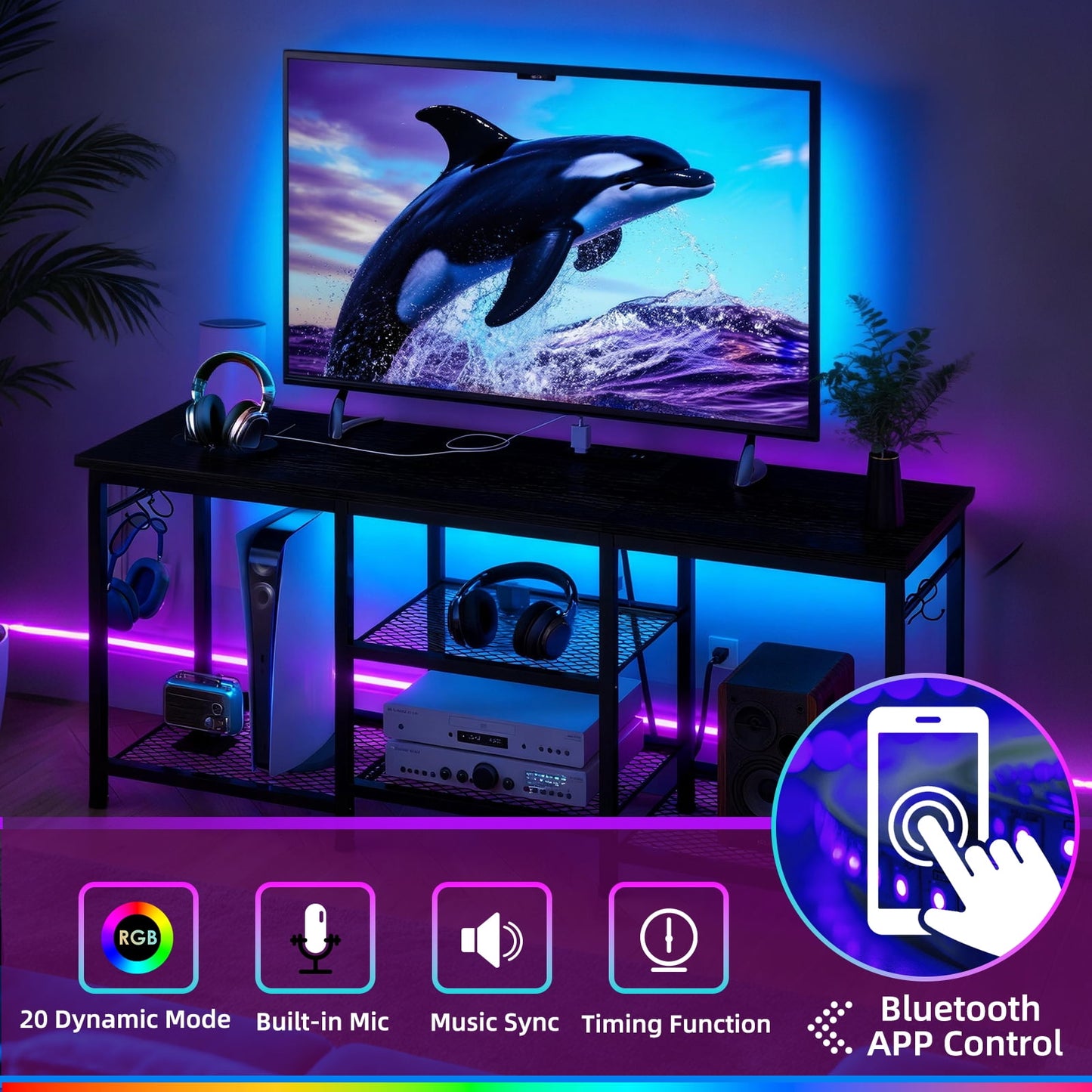 Tomnk TV Stand for 55in TV, Entertainment Center for Living Room Bedroom, with Charging Station and Lights (Black)