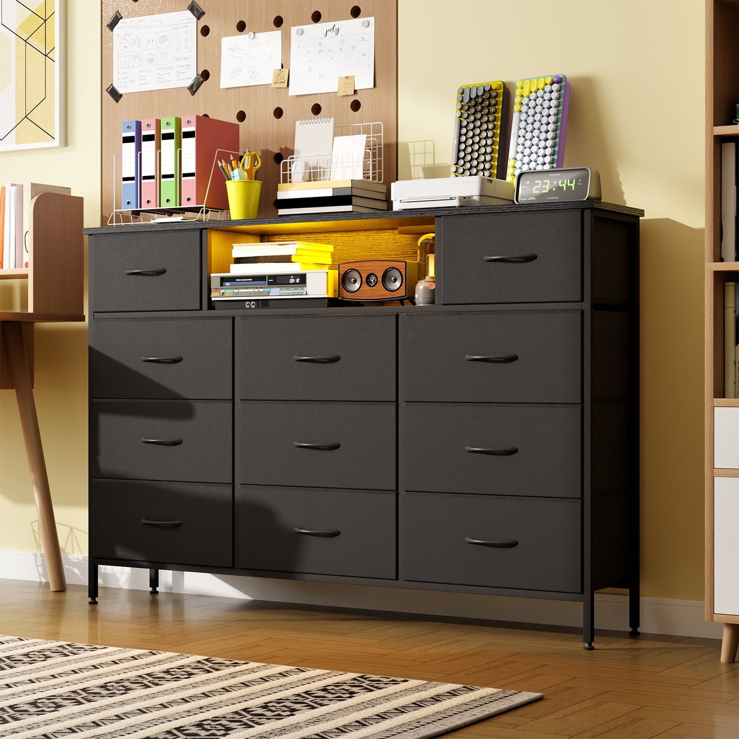 TOMNK White Dresser TV Stand for 59 inch TV, Entertainment Center with LED Lights & Charging Station, Chest of Drawers with 11 Fabric Drawers and Open Shelves for Living Room, Hallway, Wood Top