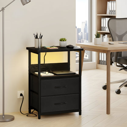 Fairy Night Stand with Charging Station, Bed Side Table, Nightstand with 2 Fabric Storage Drawers, Black