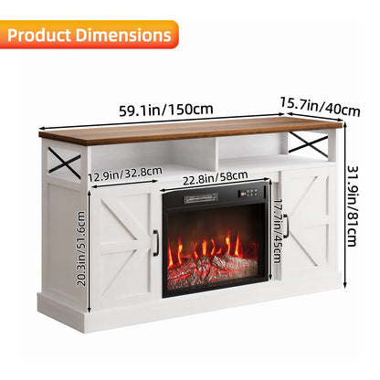 TOMNK Fireplace TV Stand for Television up to 65+ Inch with Storage and Farmhouse Sliding Barn Doors, Entertainment Center with Cabinet and Shelves, Media Console for Living Room, White