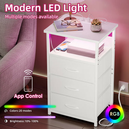 Fairy Night Stands Set of 2 with Charging Station, Bed Side Table, LED Nightstand with 3 Fabric Drawers, White