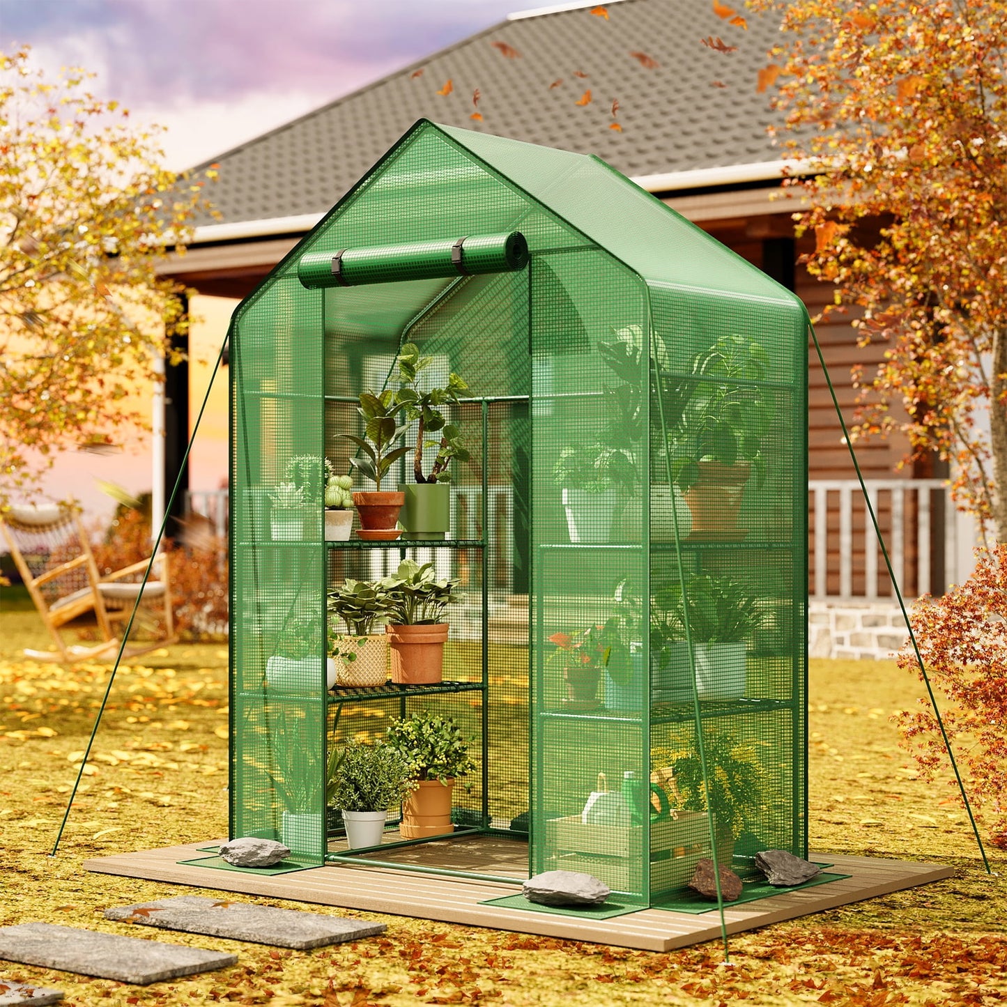 TOMNK Greenhouse, 57 x 28 x 76'' Greenhouses for Outdoors, Portable Greenhouse Kit with Mesh Side Windows, PE Cover, 4 Shelves, Heavy Duty Walk in Green House for Backyard Garden Indoor Outside