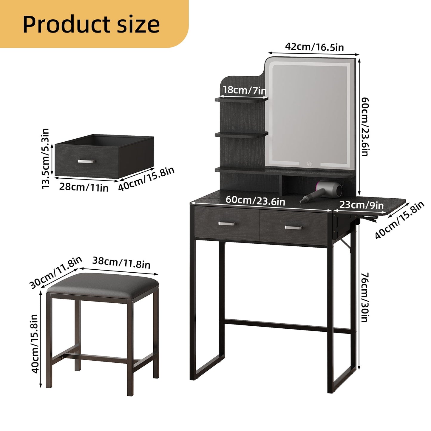 Tomnk woo Black Vanity Desk with Mirror, LED Lights, Storage Shelves, Drawers & Chair