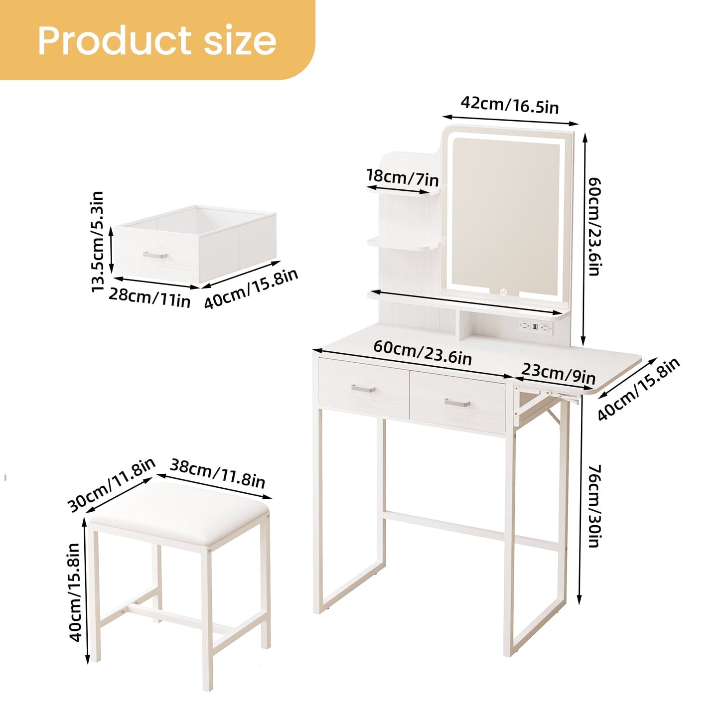 Fairy White Makeup Vanity Desk with Mirror, Lights, Power Outlet, Chair & Storage Drawer