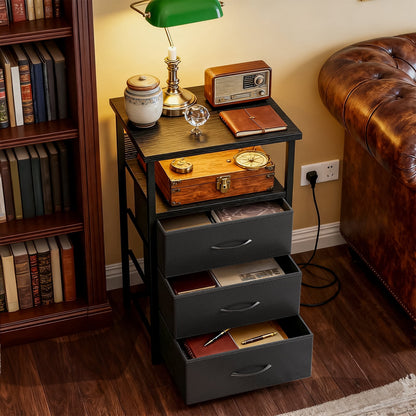 Fairy Night Stand with Charging Station, Bed Side Table, Nightstand with 3 Fabric Storage Drawers, Black