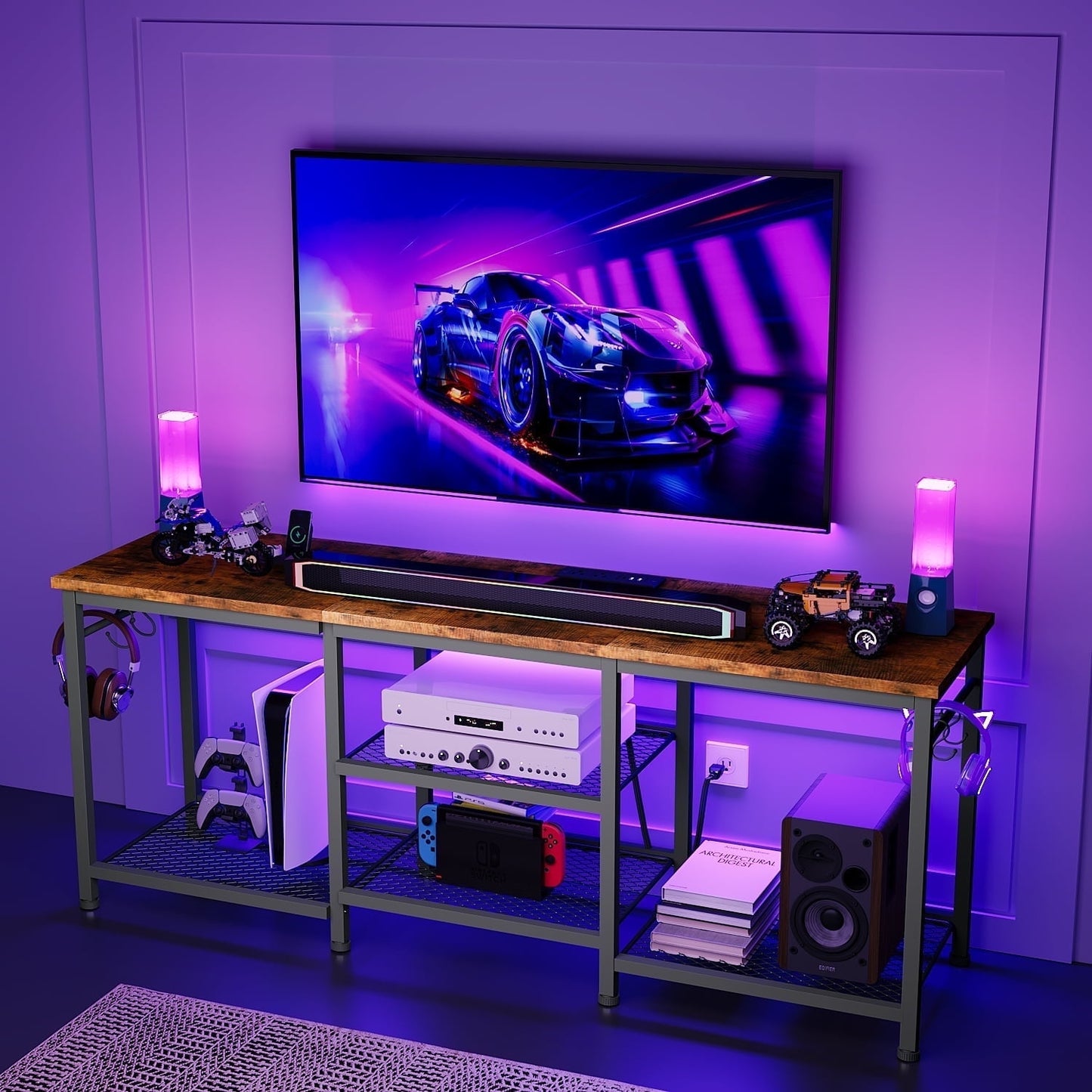 Tomnk TV Stand for TVs up to 55 Inch, Entertainment Center with Open Storage Shelves, Media Console Table with Soundbar Shelf for Living Room, Bedroom, Rustic Brown