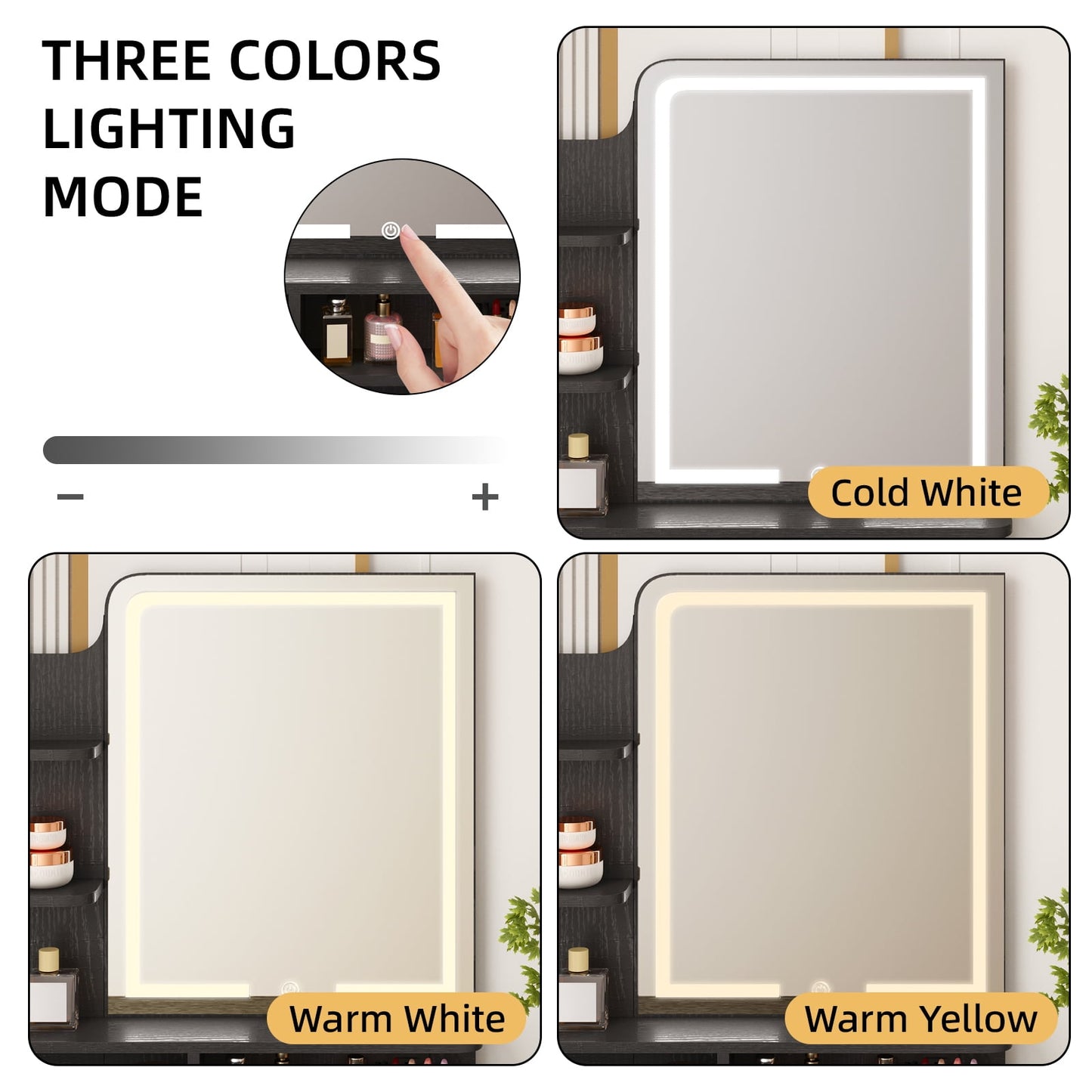 Tomnk woo Black Vanity Desk with Mirror, LED Lights, Storage Shelves, Drawers & Chair