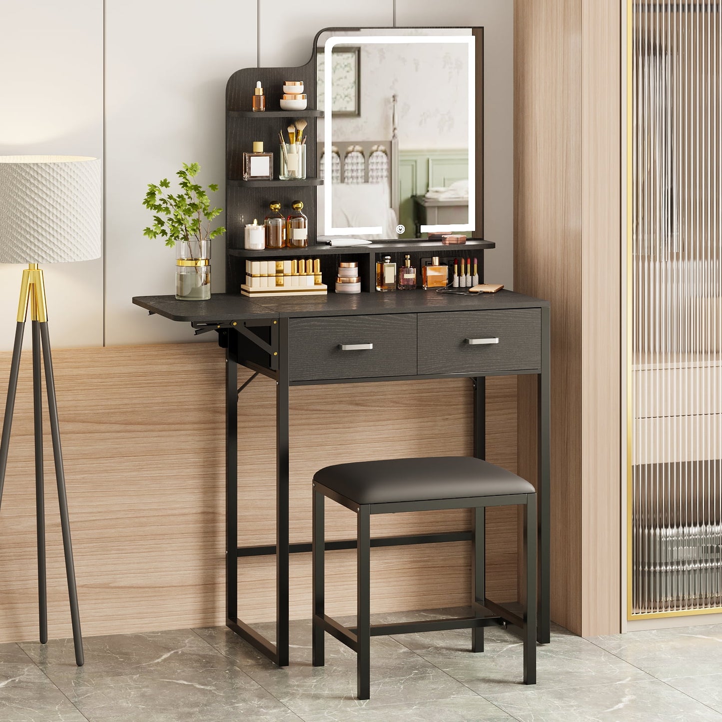 Tomnk woo Black Vanity Desk with Mirror, LED Lights, Storage Shelves, Drawers & Chair