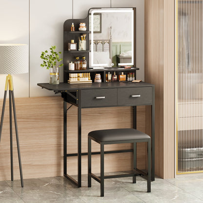 Tomnk woo Black Vanity Desk with Mirror, LED Lights, Storage Shelves, Drawers & Chair