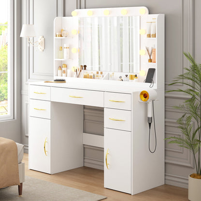 Tomnk woo White Vanity Desk with Mirror, Lights, Drawers, Cabinets, Shelves & Power Outlet,45.5"