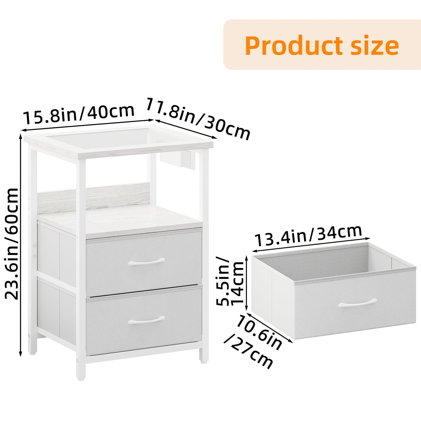 TOMNK Nightstand with LED Lights & Charging Station, Side Table with Tempered Glass Top, USB Ports & Outlets, Fabric Drawers for Bedroom/Living Room, White